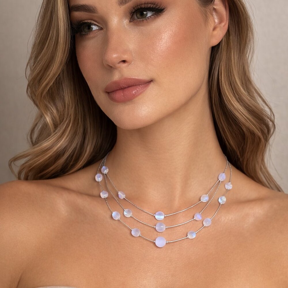 White Magic Color Glass 3 Row Station Necklace 20-22 Inches in Silvertone